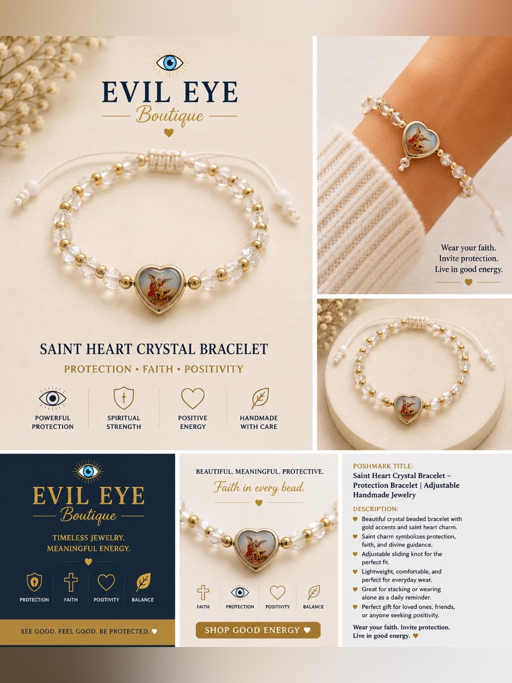 ✝️Saint Heart Crystal Bracelet – Gold & White Adjustable✝️